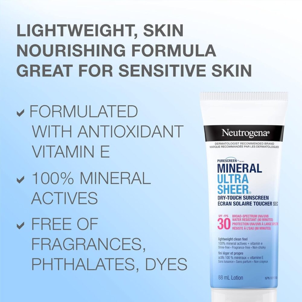 Neutrogena Mineral Ultra Sheer Dry-Touch Sunscreen SPF 30 – Dermatologist-Recommended Sun Protection with Vitamin E (88ML)