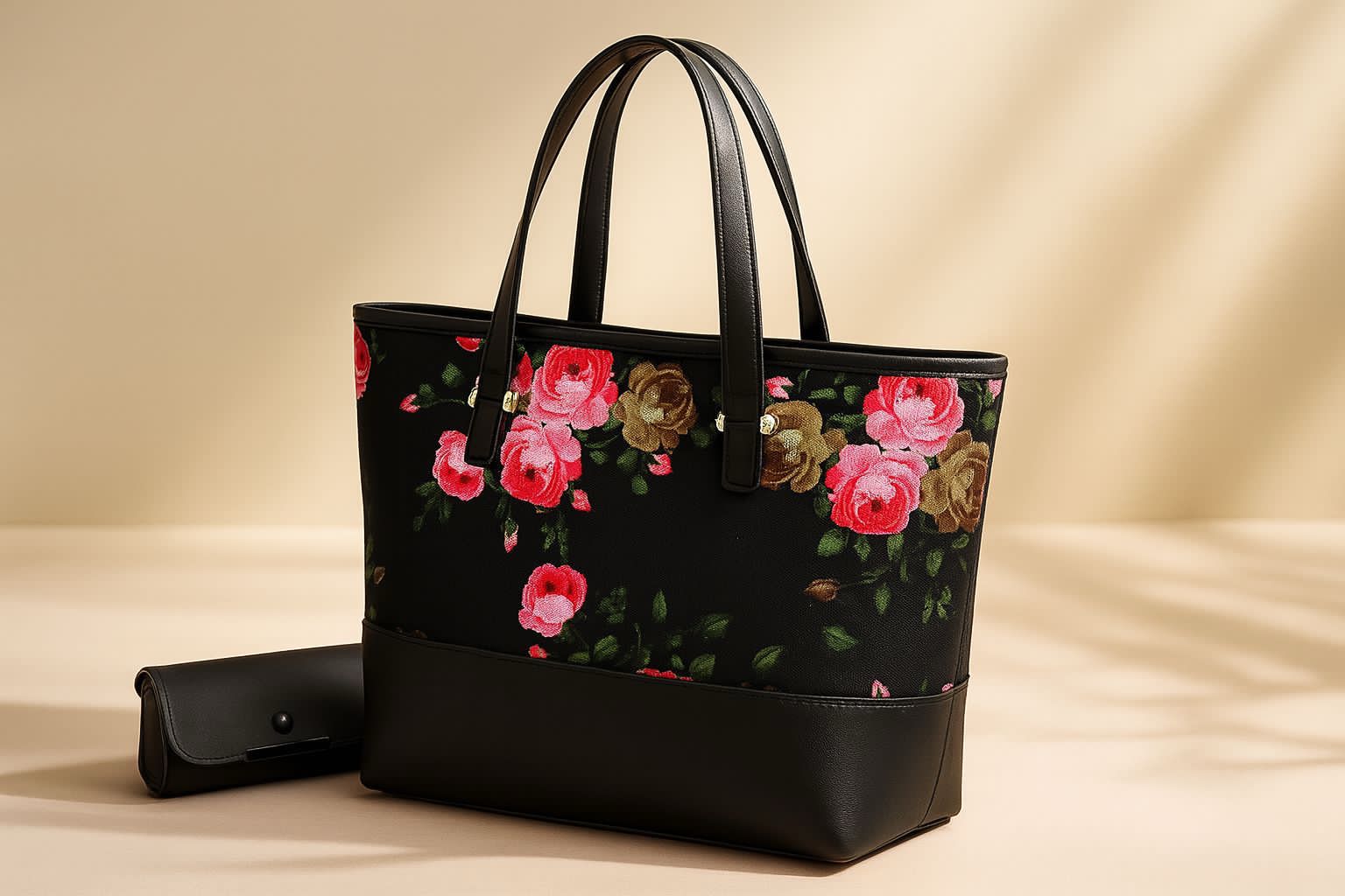 High Quality Printed 2 Piece Tote Bag With Wallet Black